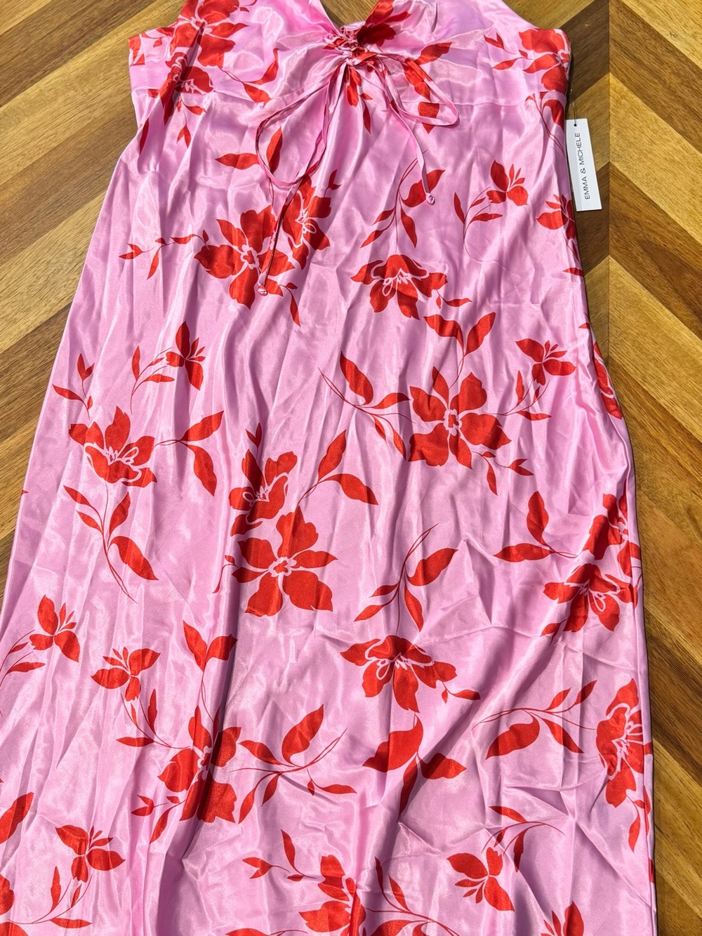 Emma & Michele Pink Maxi Silk Dress with Red Floral Print Tie Detail